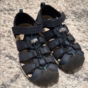 Worn a couple times. Keen Black and Blue Outdoor Sandals with Protective Toe Cap